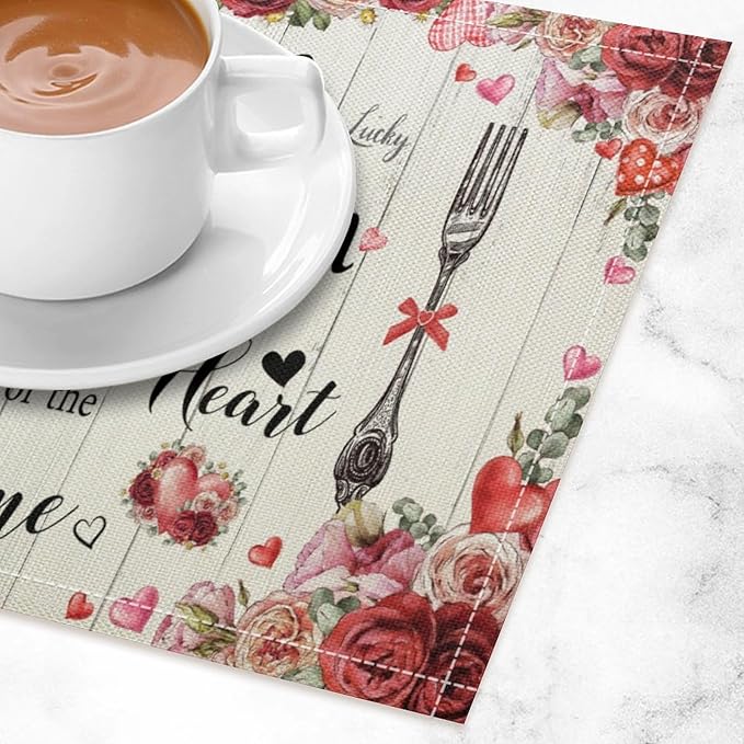 Retro Farmhouse Placemat Set, Romantic Pink Rose Floral Rural Plank Art Sketch Cutlery Knife Fork Inspirational Quotes Pattern Home Decor Linen Table Mats for Dining Room Kitchen Party (17x12in) x2P