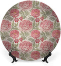 Decorative Plates, Victorian Print Ornament, Romantic Peonies Botany, 8 Inch, 1 Plate with 1 Display Stand, Multicolor