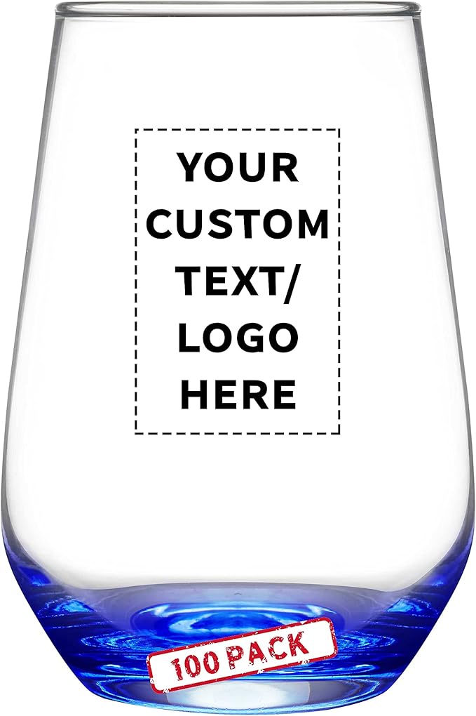 DISCOUNT PROMOS 100 Vaso Silicia Stemless Wine Glasses Set, 16 oz. - Personalized Text, Logo - Clear, Orb-Like, Thick base - Blue