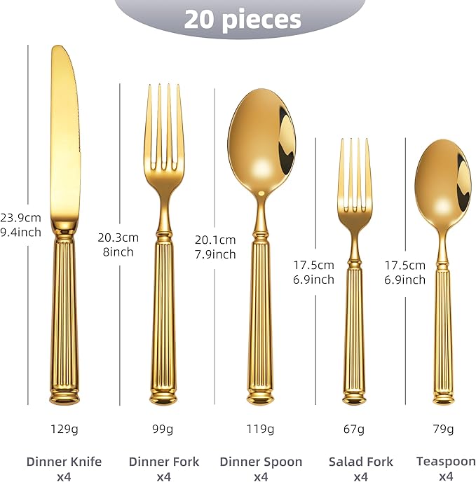 40-Piece Heavy Duty Gold Silverware Set for 8, 18/10 Stainless Steel Flatware, Extra Thick Heavy Flatware Set, Perfect for Weddings Gifts
