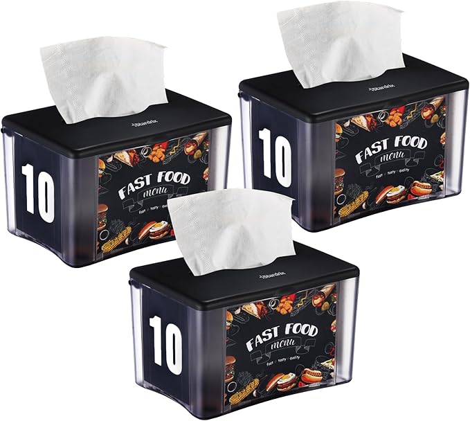 3-Pack Interfold Tabletop Napkin Holder, Commercial Restaurant Napkin Dispenser with 4-Sided Marketing Insert Display, Easy-Access Black Napkin Dispenser for Counters & Tables