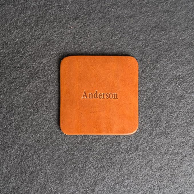 Ox & Pine Personalized Leather Coaster - Sold Individually or in Sets of 4 - Customize Inscription - 100% Full-Grain Leather – 4" Round or 4" Square (Square, Black, 1 Individual Coaster)