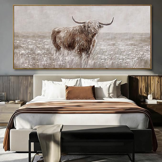 Extra Large Brown Highland Cow Canvas Wall Art with Framed Rustic Farmhouse Animal Posters Pictures Modern Country Style Wall Decor for Living Room Bedroom Office 40x88 Inch
