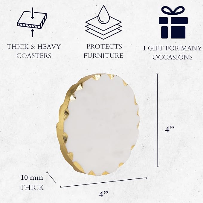 Set of 6 Real Marble Coasters with Golden Borders, decoratice White & Gold Coasters for Desk, Coffee Table | Thick & Heavy Aesthetic Coaster Set, 4 inch Dia (Gold)
