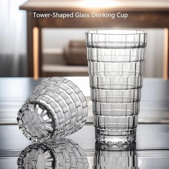 Vintage Drinking Glasses Set of 6, Mojito Glass Cups Stackable Water Tumbler, for Beer, Cocktail, Whiskey, Juice & Mixed Drinks. (8 OZ)