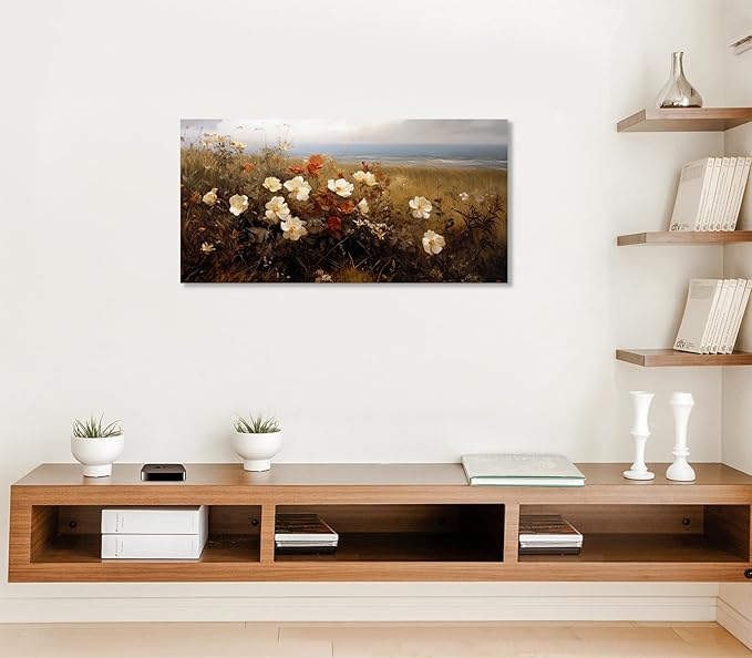 ADJUVANT Wall Art Vintage Coastal Wildflower Field 40"L x 20"W, Seaside Meadow With White And Orange Blooms Canvas Painting Nature Artwork Retro Floral Prints Botanic Wall Decor for Living Room Bedroom