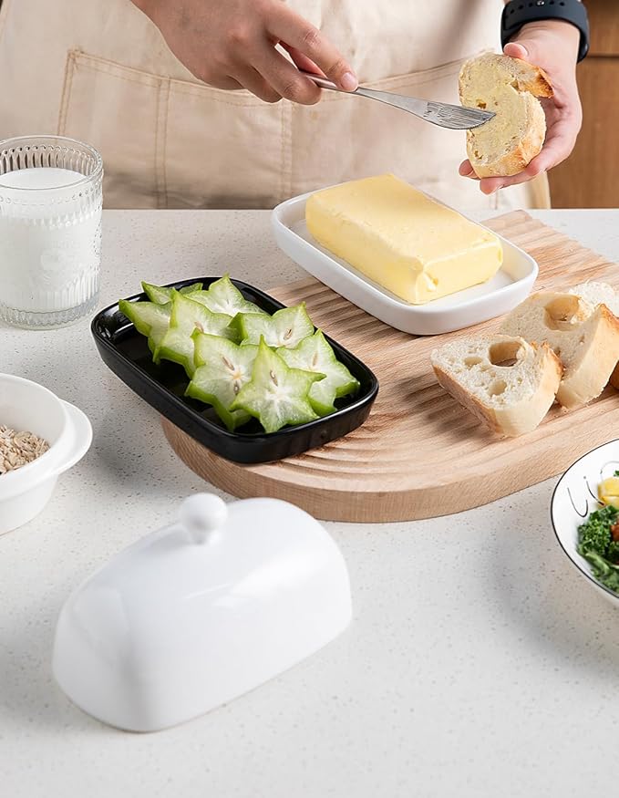 Sweejar Ceramic Butter Dish with Lid for Countertop,Porcelain Butter Keeper with Knob Handle,Butter Container for East/West Coast Butter, 7.1*3.7 inches (Black)