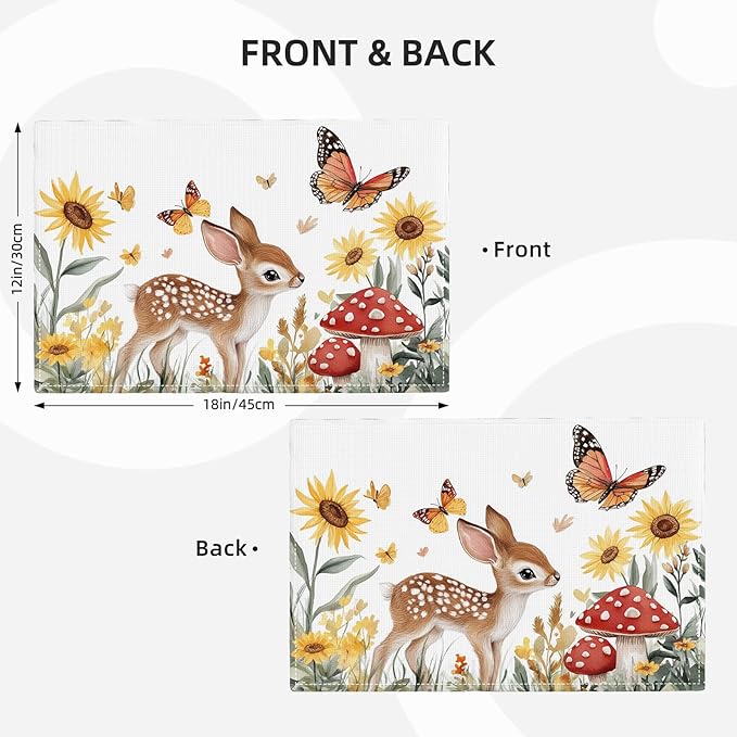 Cute Deer Placemats Set of 6, Sunflower Butterfly Place Mats, Sika Deer Waterproof Washable Table Mats for Home Party Indoor Kitchen Dining Table Decoration 12x18 Inch
