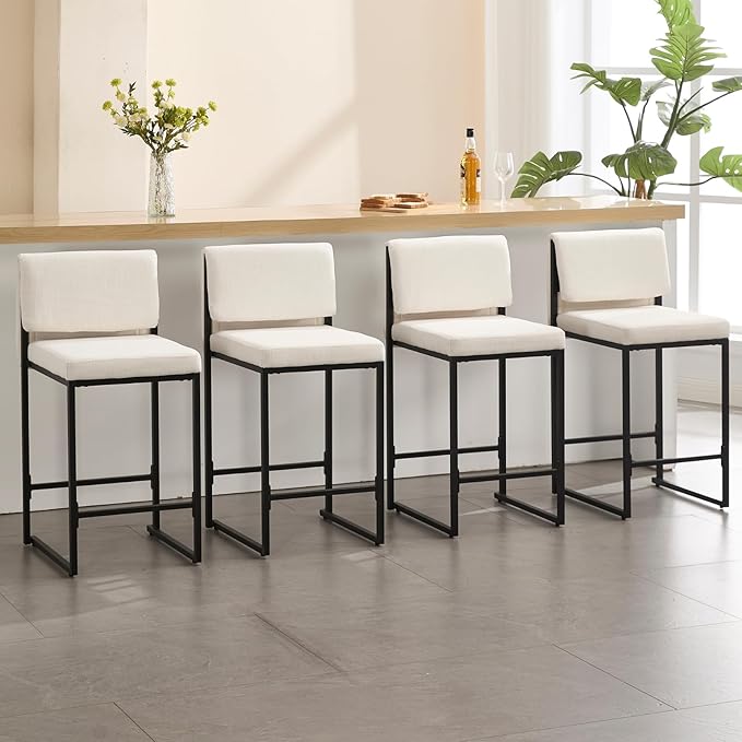 Modern Barstools Set of 4, 26” Upholstered Counter Height Bar Stools Linen Fabric Counter Stools with Padded Back Metal Frame for Kitchen Island Dining Room, Beige