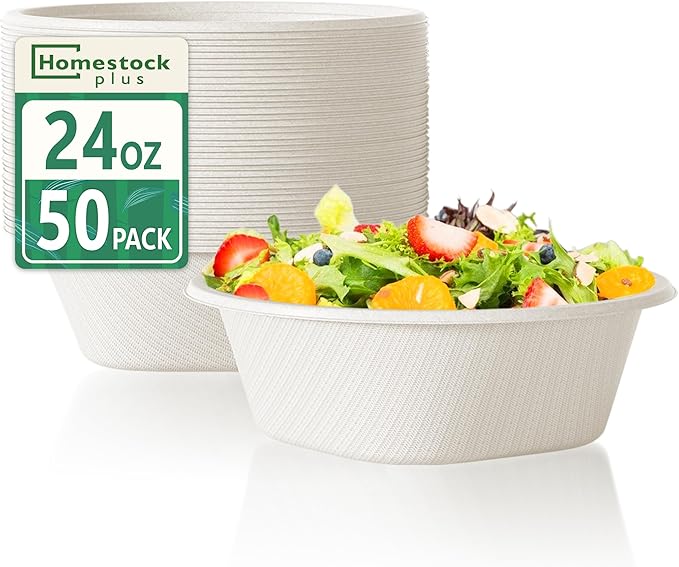 Homestockplus Disposable Bowls 24 Oz [50 Pack] - Compostable Bowls, Heavy Duty Paper Bowls Microwave Safe BPA-Free Eco Dinnerware for Kids Meals & Food Trucks (White)