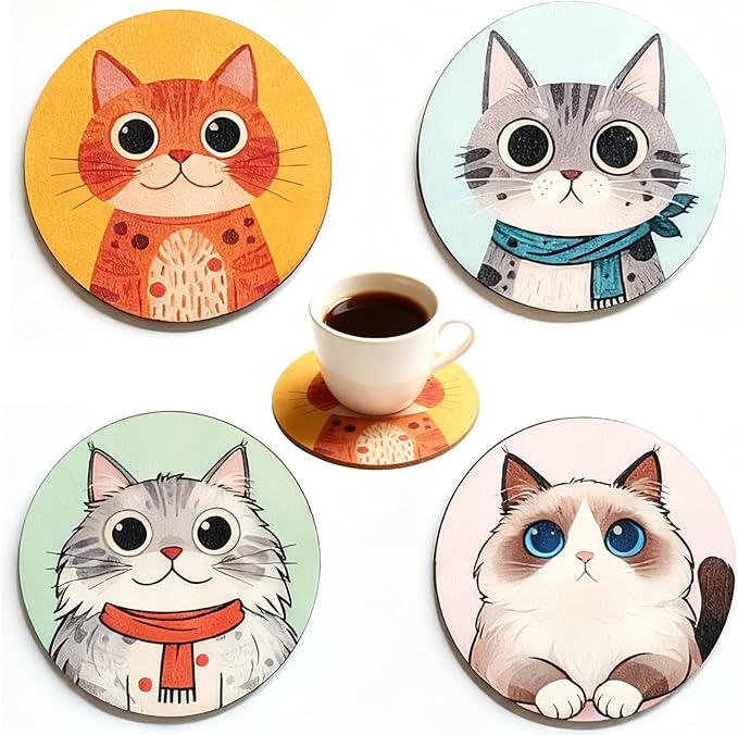 Coasters Set of 4, Wood Coasters for Drinks - Handcrafted Cat Design Thick Heat-Resistant for Beer, Coffee, Office, Bar, Farmhouse Home Decor, Tabletop Protection, for All Cups