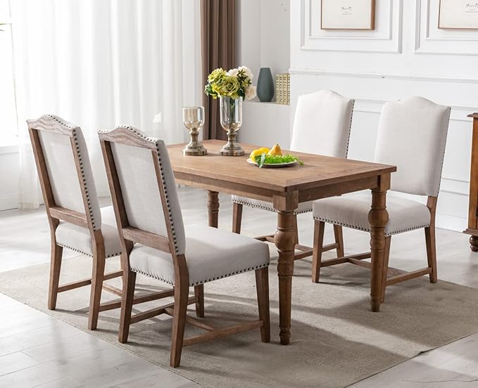 CIMOTA Mid Century Modern Dining Chairs Set of 4, Farmhouse Upholstered Dining Room Chairs Comfortable Kitchen Side Chairs with High Back/Natural Solid Wood Frame, Linen Beige