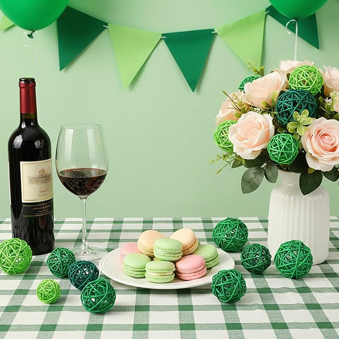 Patelai 36 Pcs Wicker Rattan Balls Decorative Balls for Vase Centerpiece Bowls Orbs Filler for Home Decor,4 Sizes (Dark Green, Grass Green, Fluorescent Green,2.4'',2'',1.6'',1.2'')