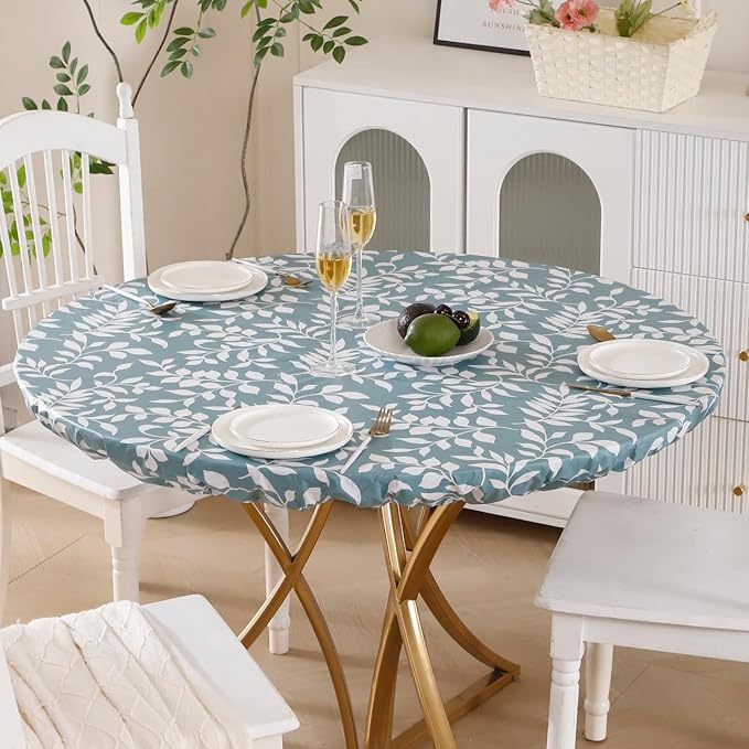 Walrus Round Vinyl Fitted Tablecloth with Flannel Backing Elastic Edge Design Table Cover Waterproof Oil-Proof PVC Table Cloth Stain-Resistant Best for 57"-66" Round