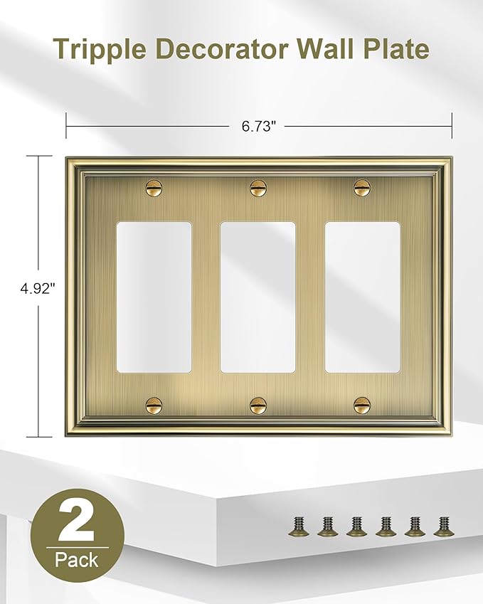 2-Pack Decorative Tripple Decorator Outlet Cover Plate, Durable Zinc Alloy Antique Brass Wall Plate for Electrical Outlets, Receptacle, GFCI Outlet, Dimmer Switch, 3-Gang, Corrosion Resistant