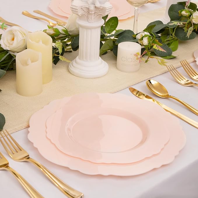 WDF 60pcs Pink Plastic Plates - Baroque Pink Disposable Plates Including 30 Dinner Plates 10.25inch, 30 Dessert Plates 7.5inch for Upscale Valentine's Day, Wedding, Parties