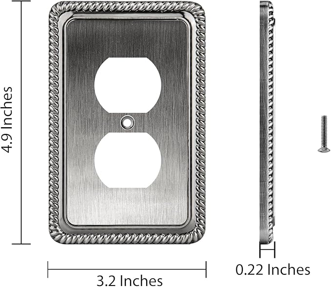 Henne Bery Rope Edge Decorative Wall Plate Switch Plate Outlet Cover (Single Duplex, 2 Pack, Heirloom Silver)