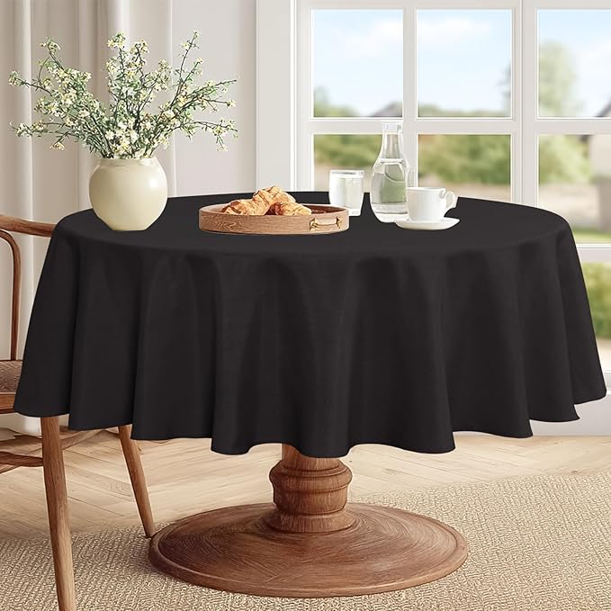 JIUZHEN Faux Linen Round Tablecloths 102 inch, Decorative Wrinkle Free Texture Rustic Circle Table Cloth Cover for Kitchen, Dining, Party, Wedding, Outdoor Use (102 Inch Round,Black)