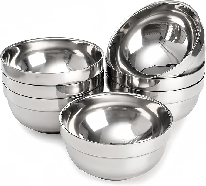 6 Pack 18/8 Stainless Steel Bowl, Double Walled Insulated Soup Bowls, 12 Oz Metal Serving Dishes Unbreakable Snack Bowl for Sauces, Rice, Noodle, Ice Cream