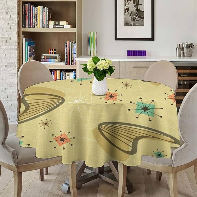 Mid Century Round Tablecloth, Retro Abstract Atomic Boho Geometric Art Printed Tablecloth for Home Party Dining Room Kitchen Decor 50Inch(127cm)