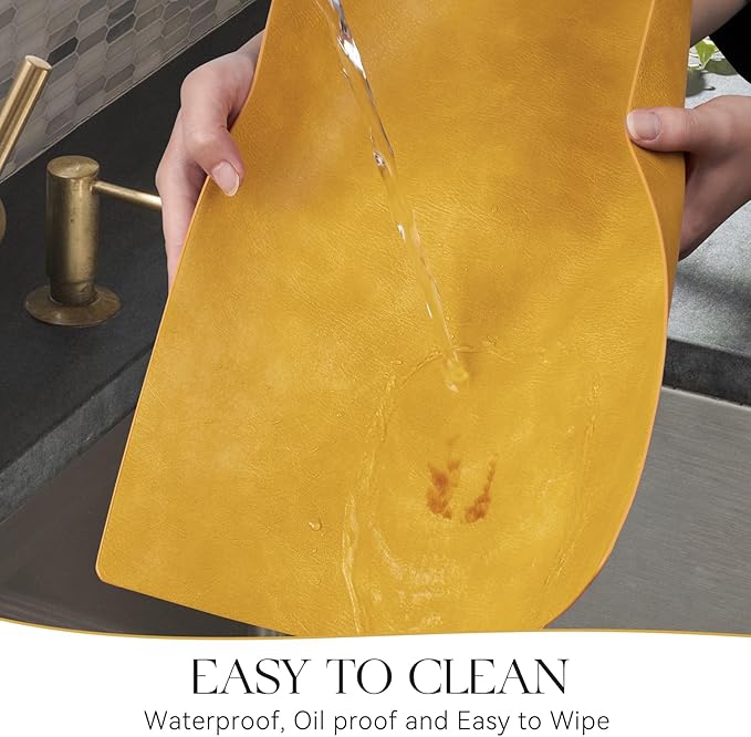 MOSAYT Vinyl Placemats Set of 4-12 X 17 Inch - Faux Leather 100% Waterproof Oil-Proof Wipeable PU Place Mats, Heat Resistant Reversible Table Mats for Kitchen, Dining, Outdoor (Yellow)