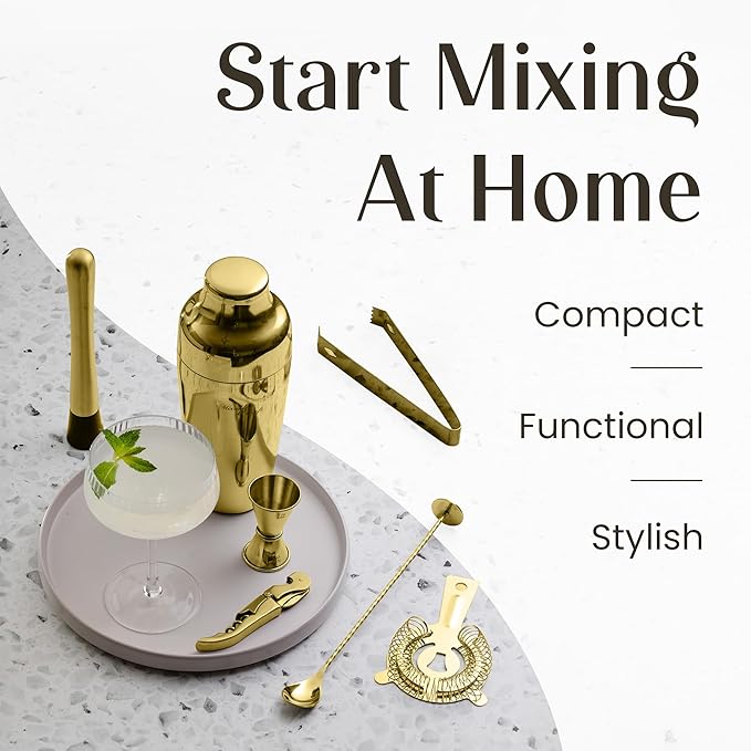 Mixology & Craft Cocktail Shaker Set with Bamboo Stand - Professional 18oz 10-Piece Bartender Kit - Complete Bar Set & Cocktail Mixer Kit for Home (Gold)