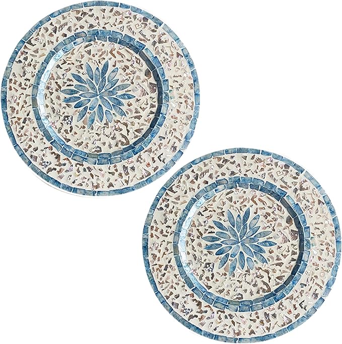 i-lan 2Pack 13" Mother Of Pearl Decorative Charger Plates for Display,Sea Shell Embedded Wood Charger Plates for Dining, Party,Diner Table Modern and Rustic Decorative Placemats,Green Ray