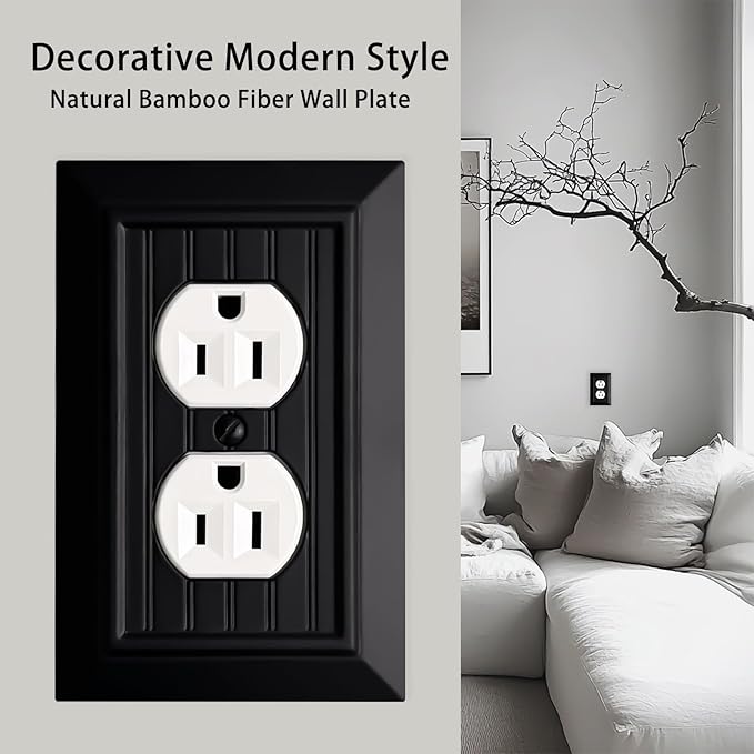 Beadboard Outlet Covers Wall Plates, Bamboo Fiber Light Switch Covers, Natural Material Electric Receptacle Decorative Switch Plate Outlet Cover Matte Black (1 Gang Duplex 4 Pack)
