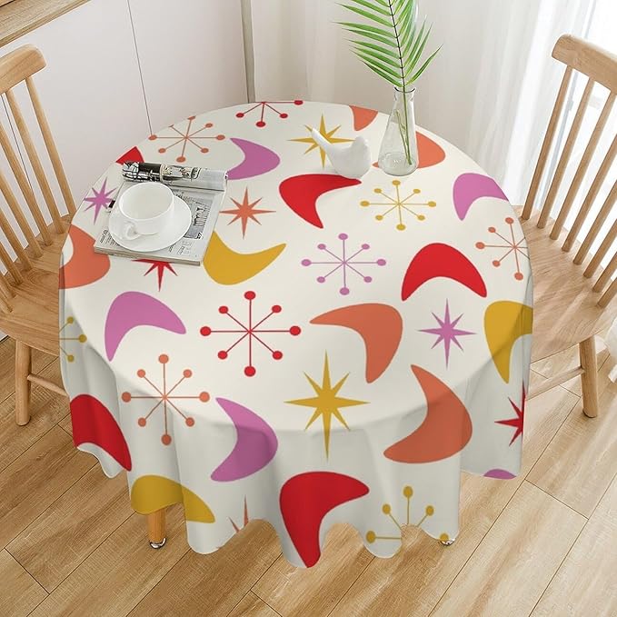 Mid Century Modern Round Tablecloth, Vintage Abstract Colorful Geometrics Modern Art Tablecloth for Home Party Dining Room Kitchen Decor 60Inch(152cm)