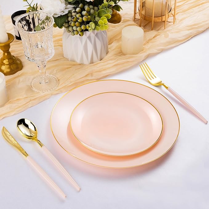 100 PCS Pink Gold Plastic Plates, 10 inch Pink Disposable Plates for Party, Plastic Dinner Plates for Party, Graduation, Wedding