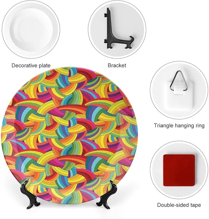 Ceramic Plates, Abstract Decor Decorative Ceramic Plates, Colorful Rainbows Wheels Spiral Wavy Fashionable, 8 Inch, for Dining, Parties, Wedding, Multy