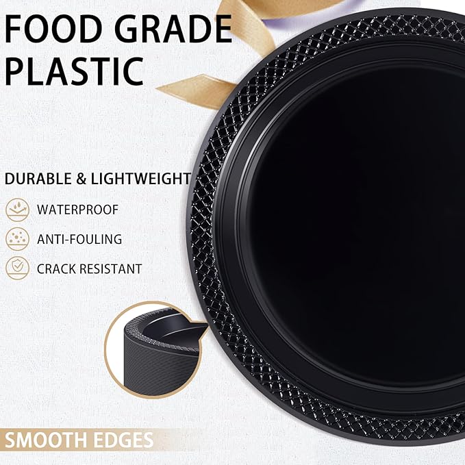 WELLIFE 7 Inch Black Dessert Plates 150 Count, Disposable Plastic Dessert Plates for Party Cake Appetizers Salad Picnic BBQ Easter