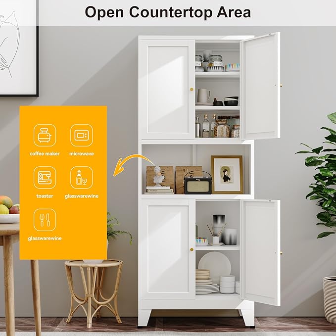 Metal Pantry Storage Cabinet, 69" Tall Storoge Cabinet with 4 Doors & 3 Adjustable Shelves, Microwave Stand with Storage for Kitchen, Dining Room, Living Room (1PC,White)