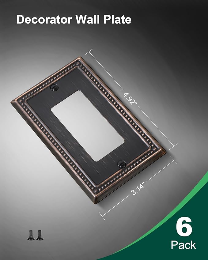 6-Pack Decorator Outlet Cover Plate, Decorative Switch Plates and Outlet Covers, Aged Bronze Metal Wall Plates for Electrical Outlets, Receptacle, GFCI Outlet, Dimmer Switch