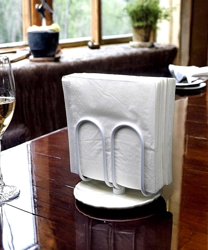 VROOMIUM Napkin Holder for Table, Effortless Cleaning Ceramic Base, 1 lb Weight, White Napkin Holders for Paper Napkins, Servilleteros para Mesas