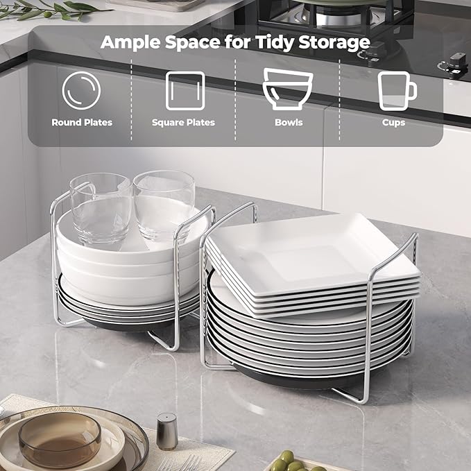 Adjustable Dish Rack for Kitchen Counter - Bamboo Plate Holder Organizer for Cabinet Wooden Bowl Organizer Stainless Steel Plate Stand Storage for Kitchen Drawer Countertop Cupboard Shelf RV