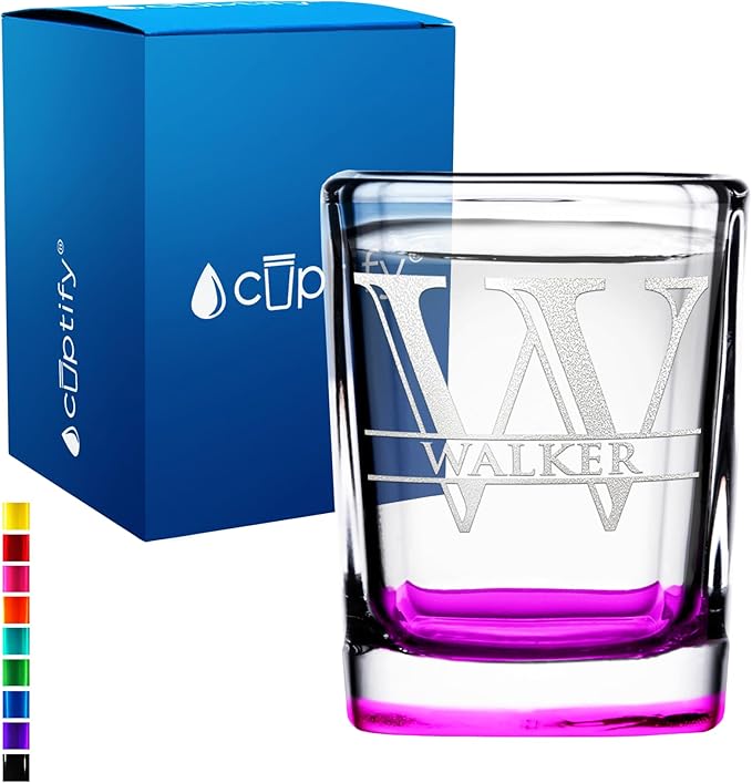 Personalized Square Shot Glasses Pink Bottom 2oz Engraved Initial and Name Custom Gifts, Weddings, Birthdays, Bachelorette Party and Decorations for Women