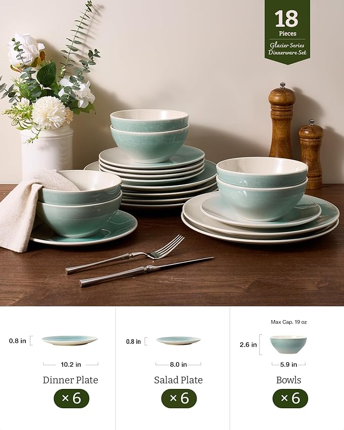 Famiware Glacier Dinnerware Sets, Plates and Bowls Dish Sets for 6 (18 Pieces), Stoneware Tableware - Dishwasher and Microwave Safe, Handcrafted Reactive Glaze, Aqua