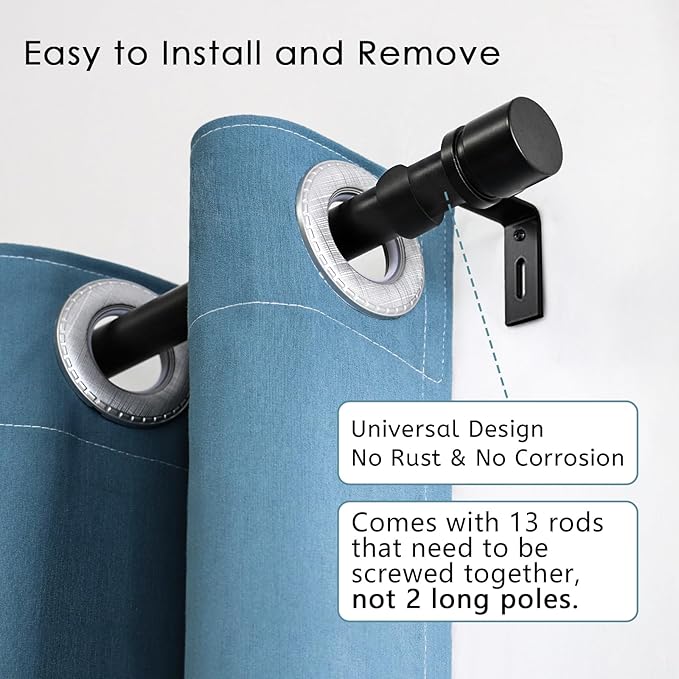 Curtain Rods for Windows 16 to 200 Inches Adjustable Length 1 Inch Diameter Window Curtain Rod with Aluminium Finials, Black