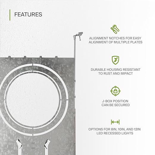 ASD New Construction Mounting Plate with Round Holes 8-10-12" - Adjustable LED Recessed Lighting Housing with Extendable Hanger Bars, Shallow Wafer Light Bracket, Mounting Kit with Notches, 6 Pack