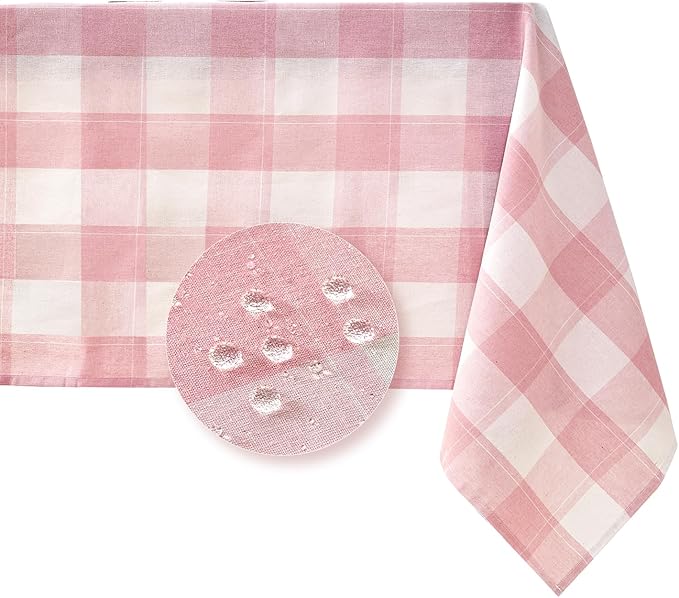 BALCONY & FALCON Rectangle Gingham Table Cloth – Water-Resistant Cotton Blend Washable Checkered Tablecloth for Valentine，Outdoor Picnic, Camping, Kitchen, Party Decor (Pink White, 55x71 Inch)