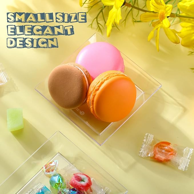 Zhehao 100 Pcs Plastic Dessert Appetizer Plates Disposable, 3.6 x 3.6 Inch Small Square Plastic Dessert Cake Plate for Party, Valentine's Day Wedding Birthday Bridal Baby Shower Supplies (Clear)