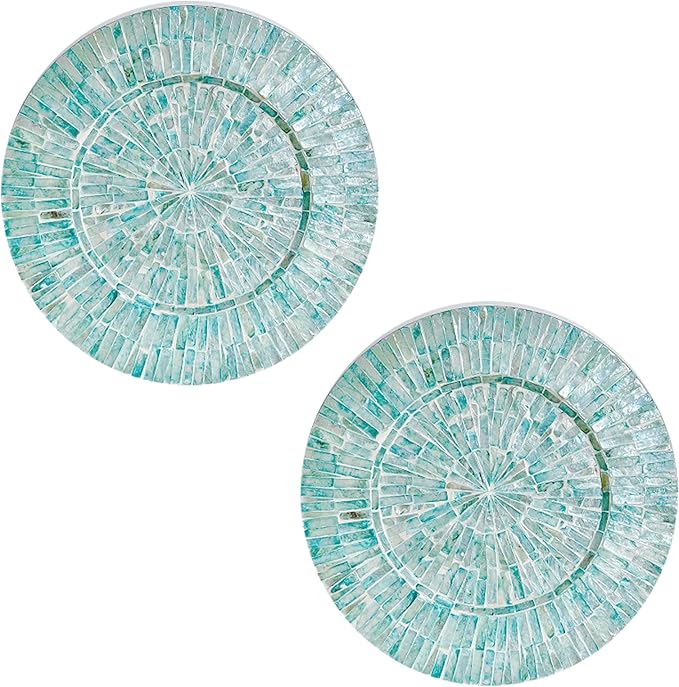 i-lan 2-Pack 13" Mother of Pearl Charger Plates – Hand-Inlaid Sea Shell & Wood in Teal Green – Elegant Gift for Housewarming, Wedding or Hostess | For Dining, Parties & Rustic-Modern Decor