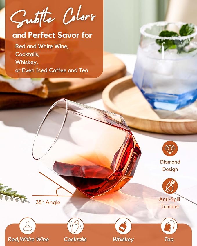 ColoVie Stemless Wine Glasses Set of 6, Cocktail Glasses, Diamond Shaped Wine Glasses for White or Red Wine, Unique Colorful Drinking Glasses,10 oz Easy Hold, Cute, Dishwasher Safe
