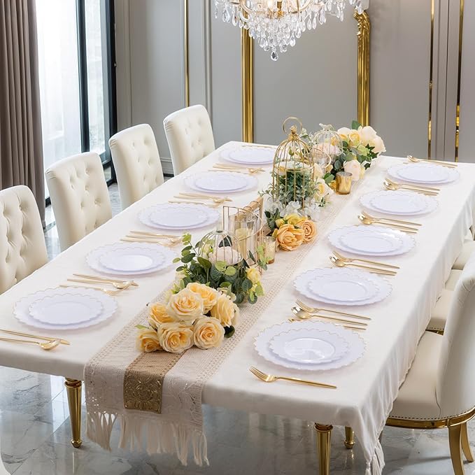 LIYH 120 Pcs White Plastic Scalloped Plates - Gold Fancy Disposable Plastic Plates Includes 60 Dinner 10.25" & 60 Dessert Plate 7.5" Elegant Gold Rim for Party Birthday Valentines Day