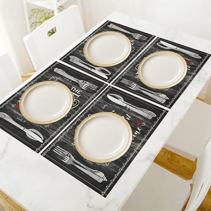 Vintage Farmhouse Placemat Set, Minimal Black White Rural Plank Art Sketch Cutlery Knife Fork Inspirational Quotes Pattern Home Decor Linen Table Mats for Dining Room Kitchen Party (17x12in) x6P