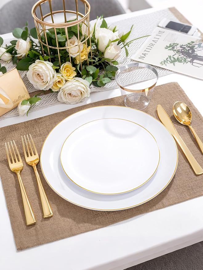 WDF 300PCS White and Gold Plates - Wedding Plastic Dinnerware Set for 50 Guests Include 50 Dinner & 50 Cake Plates, 50 Cutlery, 50 Cups for Wedding Birthday Valentine's Day
