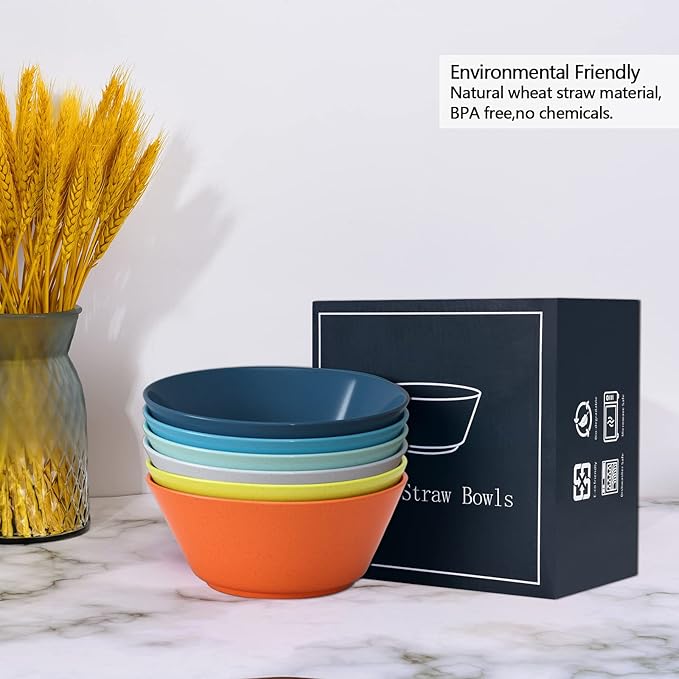 Homestockplus 50 Oz Wheat Straw Bowls Set of 6 - Unbreakable, Stackable & Microwave Safe, Multicolor Large Cereal Bowls for Oatmeal, Soup, Ramen, Salad, Popcorn, etc. Safe for Kids & Family