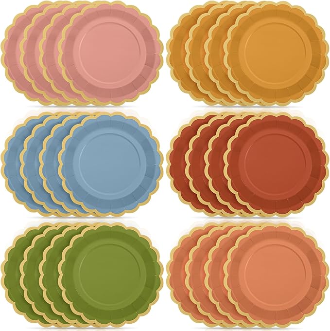 48 Pcs Fall Wildflower Color Paper Plates 9 Inch Colorful Boho Scalloped Paper Disposable Dinner Dessert Plates for Autumn Thanksgiving Birthday Wedding Bridal Party Supplies, 6 Colors