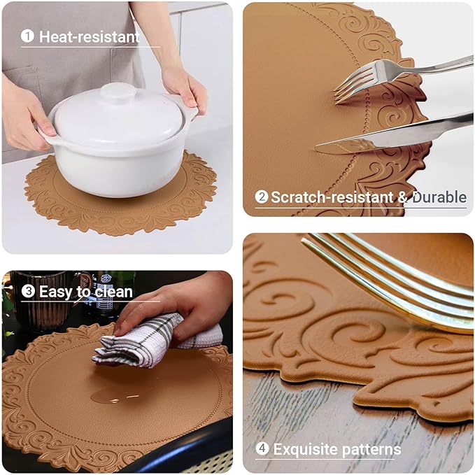 Noctiflorous Round Faux Leather 15 Inch Placemats Set of 6 Waterproof Wipeable Heat Resistant Tablemat for Dining Table Kitchen Non Slip Washable Oilproof Table Place Mat(Umber Brown, 6)